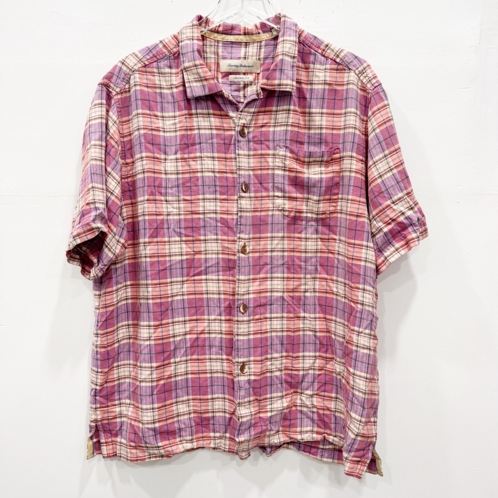 Tommy Bahama Original Fit Short Sleeve Button Up Shirt Pink Plaid XL Silk Hawaii